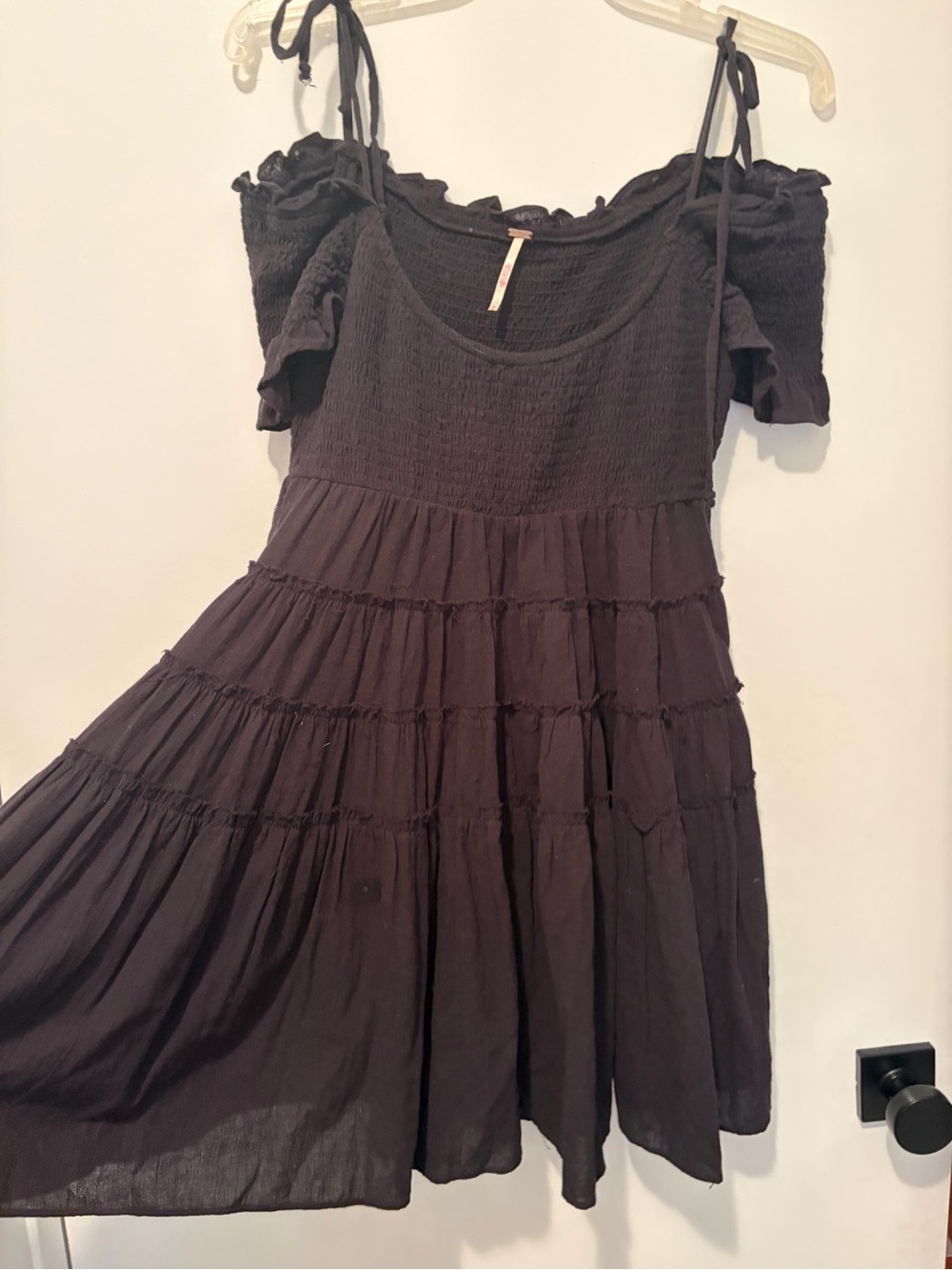 Free People Black Off-Shoulder Tiered Mini Dress with Tie Straps